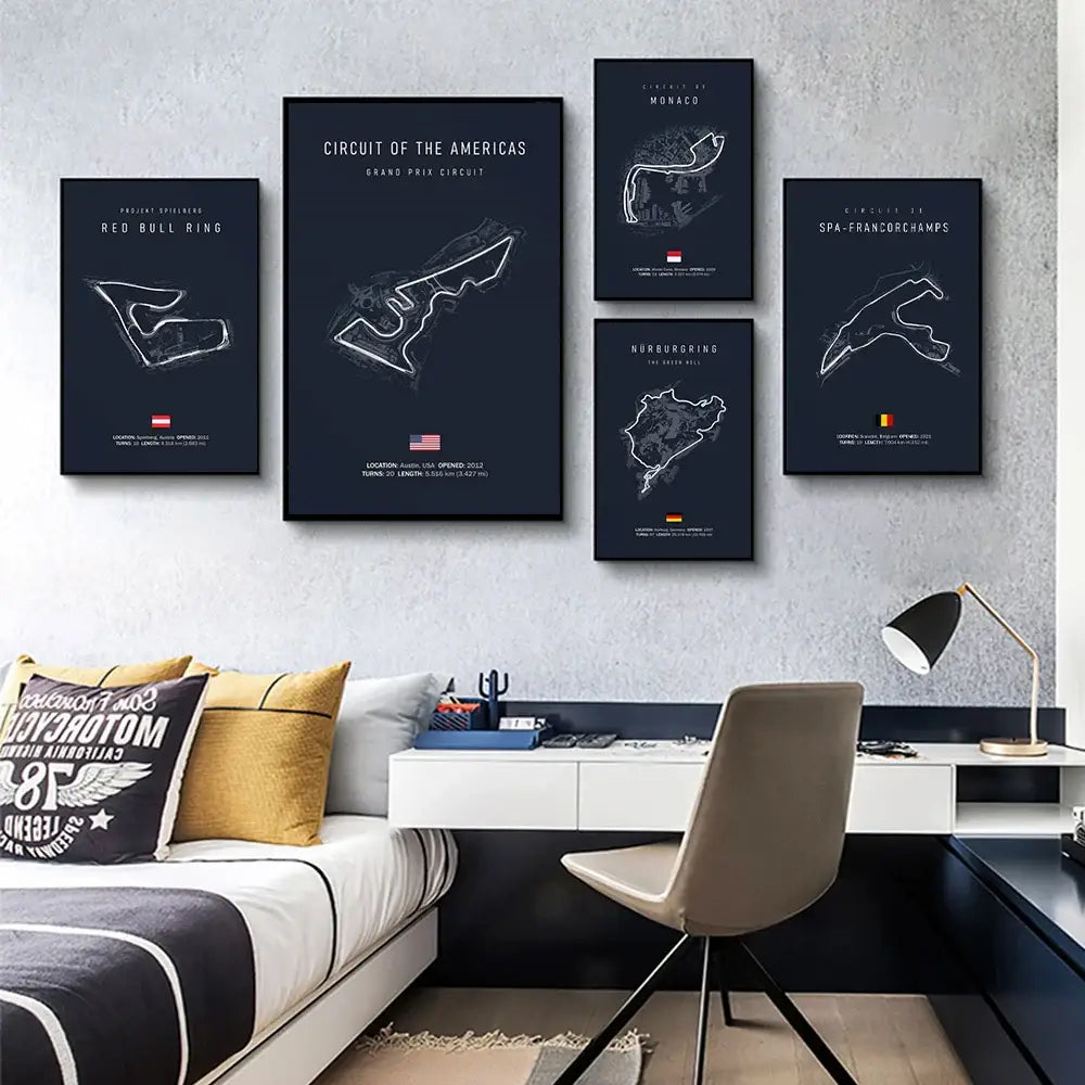Set of five black-framed decorbites™ f1 circuit canvas paintings featuring white line drawings and country flags wall art