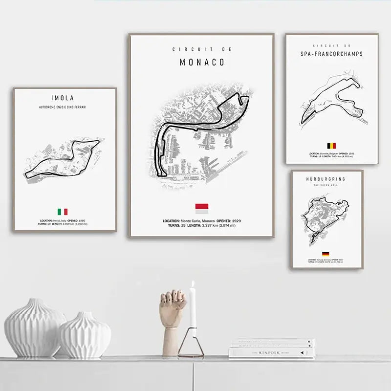 Set of four minimalist black and white F1 circuit canvas paintings featuring Monaco Spa Imola and Nürburgring wall art