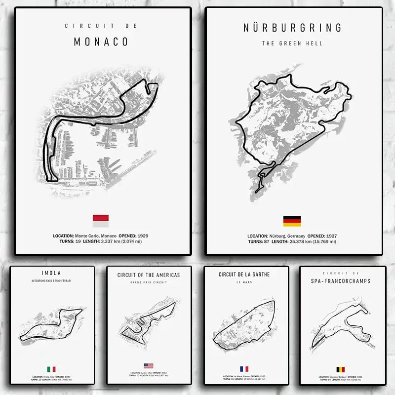 Set of six minimalist black and white f1 circuit canvas paintings featuring iconic tracks framed as motorsport wall art