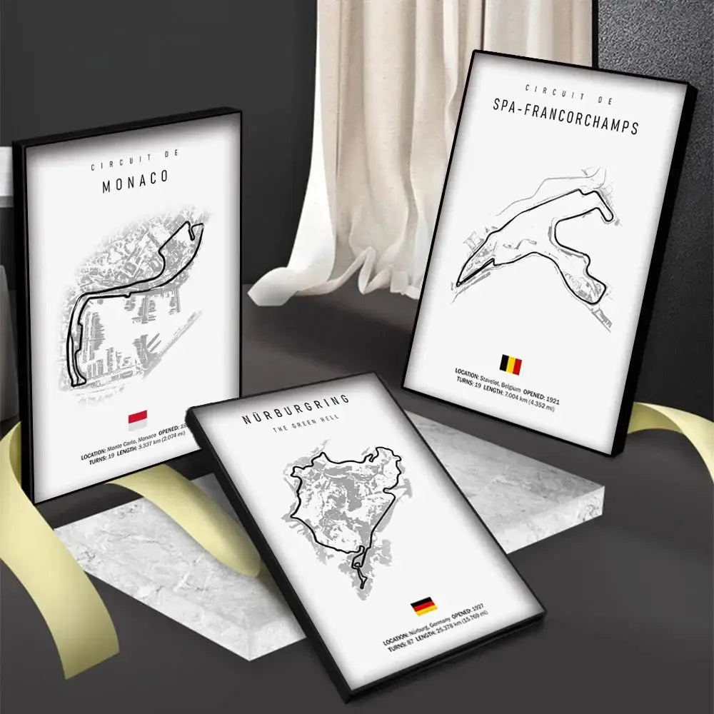Three framed black-and-white f1 circuit canvas paintings featuring distinct race track layouts and national flags wall art
