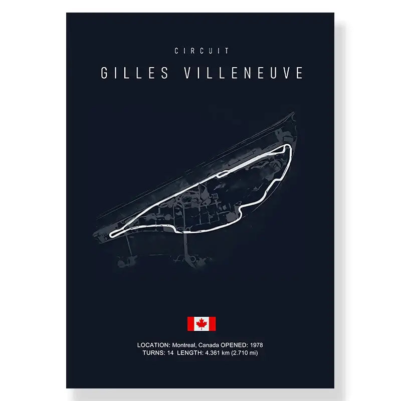 Dark blue DecorBites™ F1 race track canvas art print featuring a white line drawing of gilles villeneuve circuit track layout