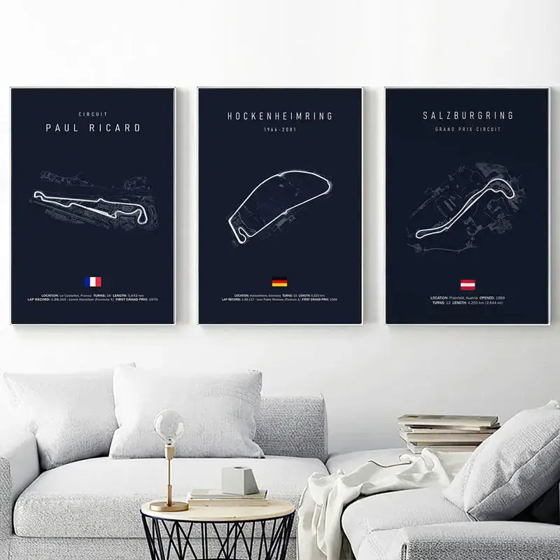 DecorBites™ F1 race track canvas art print featuring three navy blue framed posters of imola monaco track circuits