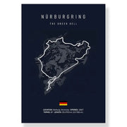Dark blue canvas painting featuring a white line drawing of the nürburgring race track wall art with german flag