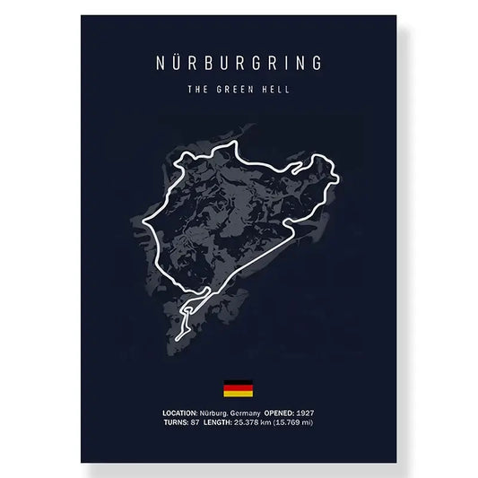 Dark blue canvas painting featuring a white line drawing of the nürburgring race track wall art with german flag