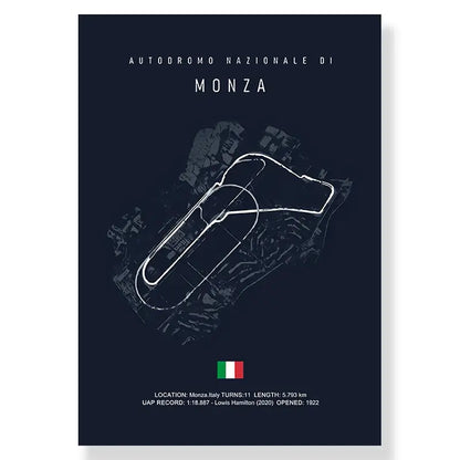 Dark blue canvas painting wall art featuring a white line drawing of the monza racetrack with italian flag by decorbites™