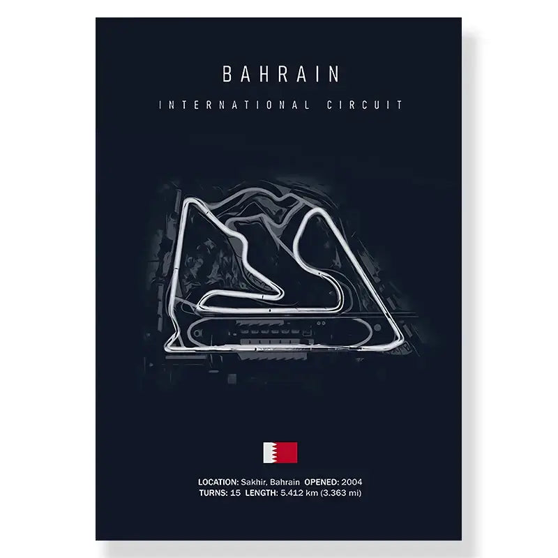 Dark blue race track canvas featuring white neon-style outline of bahrain international circuit by decorbites f1 wall art print