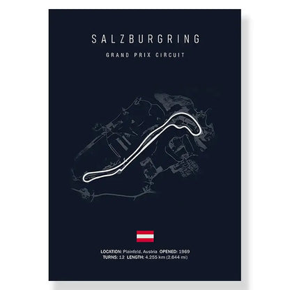 Dark blue DecorBites™ F1 race track canvas featuring a minimalist white salzburgring grand prix circuit map design
