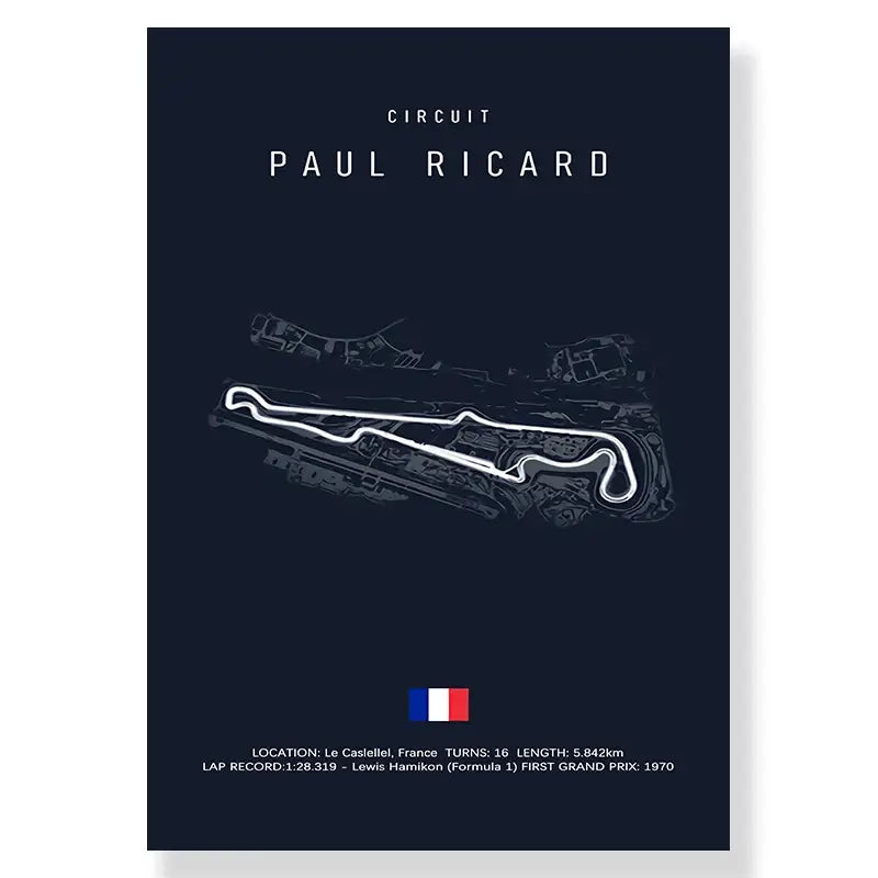 DecorBites F1 race track canvas wall art print in dark blue with white paul ricard race track line drawing and gray shading