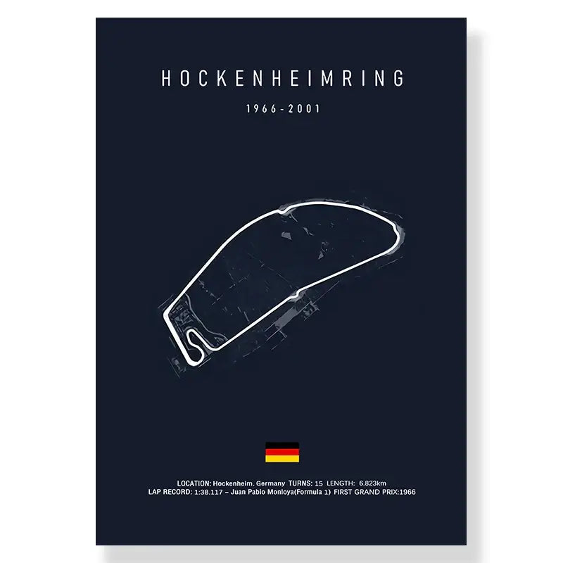 Dark blue decorbites™ f1 race track canvas wall art print featuring white hockenheimring track drawing and german flag