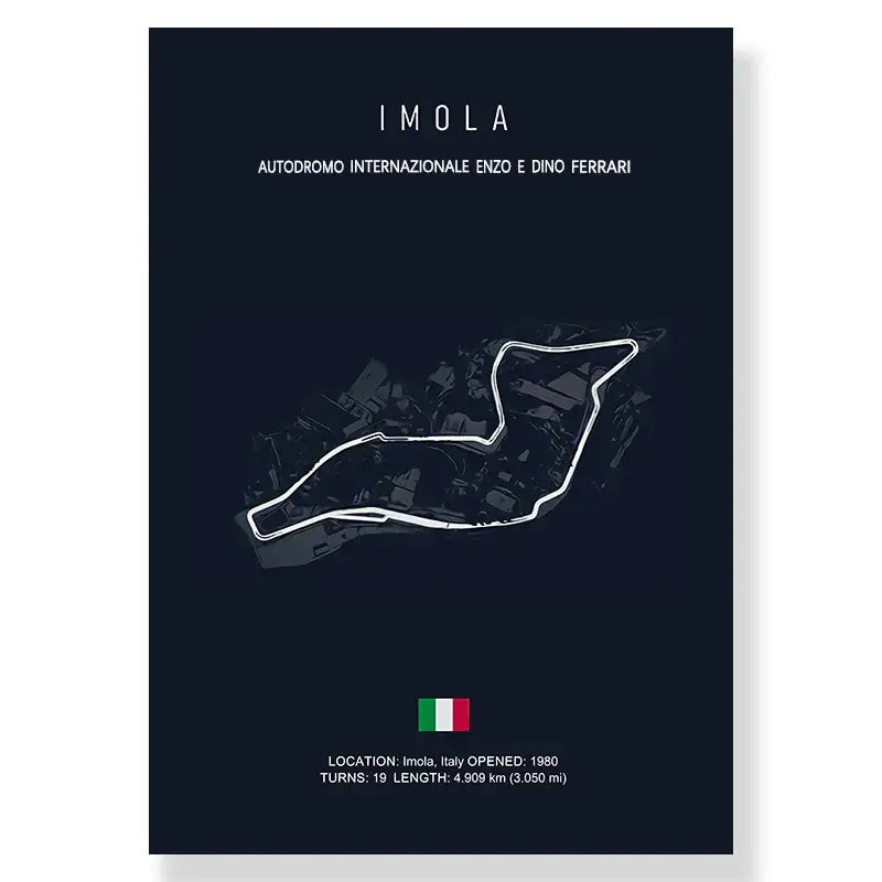 Dark blue DecorBites™ F1 race track canvas wall art featuring white imola track line drawing and italian flag accents