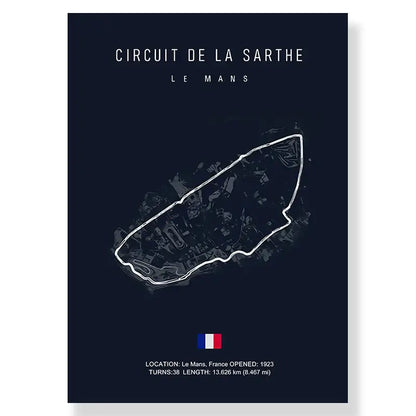 Dark blue decorbites™ f1 race track canvas wall art print featuring white circuit de la sarthe line drawing and french flag