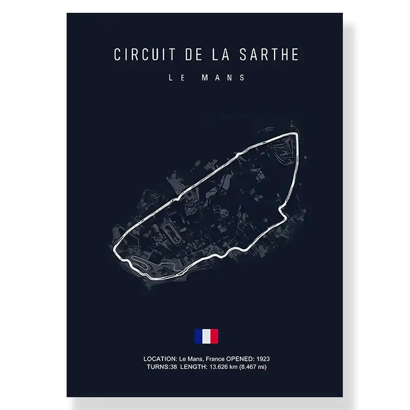 Dark blue decorbites™ f1 race track canvas wall art print featuring white circuit de la sarthe line drawing and french flag