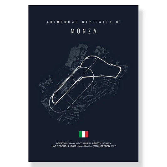 Dark blue DecorBites™ F1 race track circuit canvas featuring white monza track line drawing and Italian flag accents