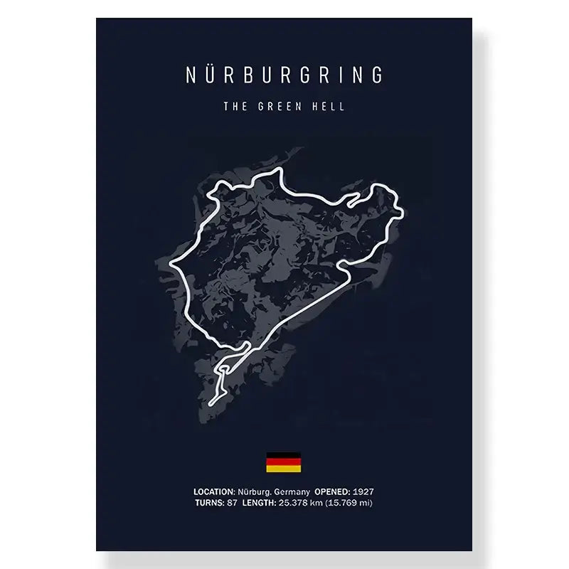 Dark blue decorbites™ f1 race track circuit canvas wall art featuring white nürburgring track circuit drawing and german flag