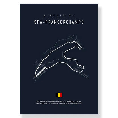 Dark blue decorbites™ f1 spa-francorchamps track circuit canvas wall art featuring white line drawing design