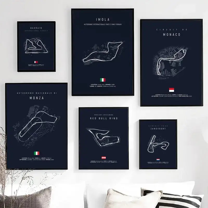 Set of six decorbites™ f1 race track circuit canvas wall art with black and white line art and national flags