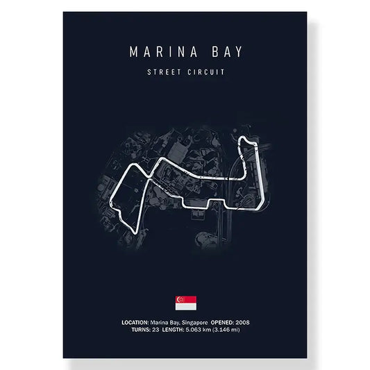 DecorBites™ F1 racing circuit canvas wall art in dark navy features a white marina bay street track circuit and singapore flag