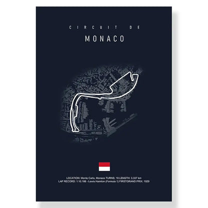 Dark blue racing track canvas featuring monaco track circuit line drawing over grayscale cityscape for living room decor