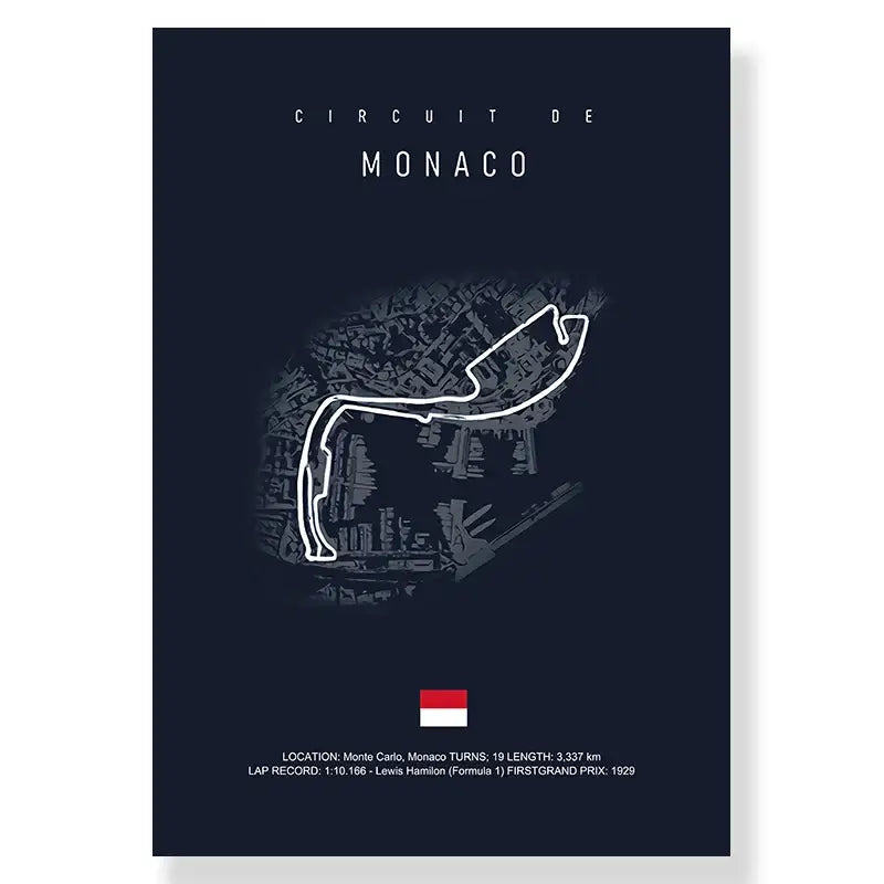 Dark blue racing track canvas featuring monaco track circuit line drawing over grayscale cityscape for living room decor