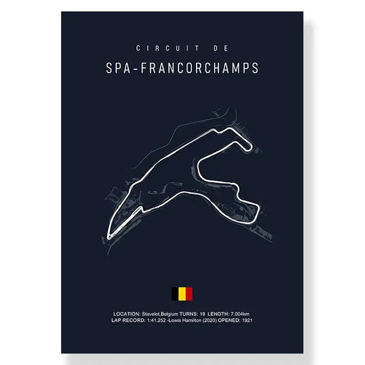 Dark blue DecorBites™ F1 racing track canvas art with white spa-francorchamps circuit line drawing for living room decor
