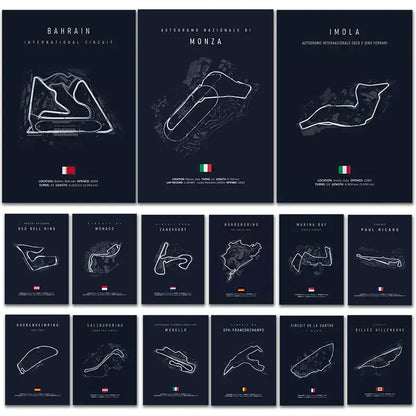Set of twelve dark navy racing track canvas posters with white line art and country flags for living room decor