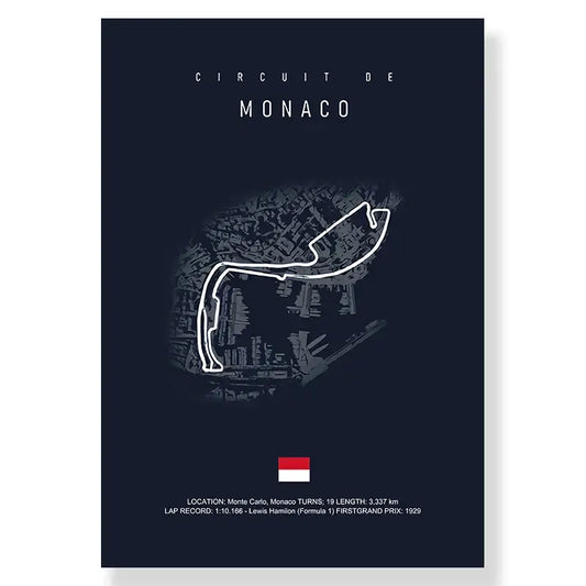 Dark blue monaco racing track canvas art print with white line drawing over grayscale cityscape by decorbites