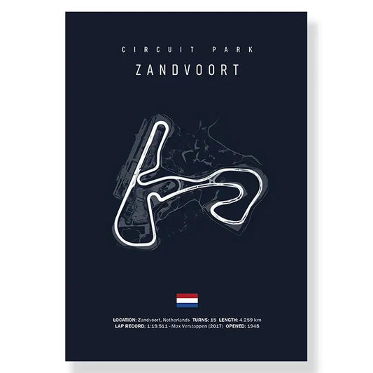 Dark blue circuit canvas painting featuring white line art of zandvoort circuit by decorbites™ f1 track art print