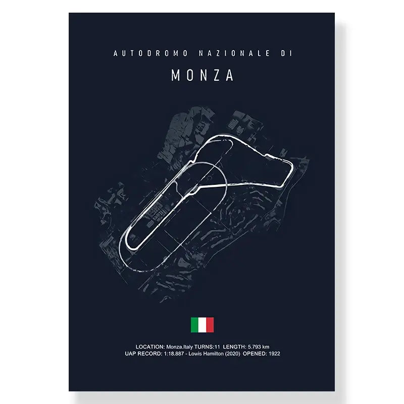 Dark blue decorbites™ f1 track circuit canvas painting featuring monza racetrack line art and an italian flag