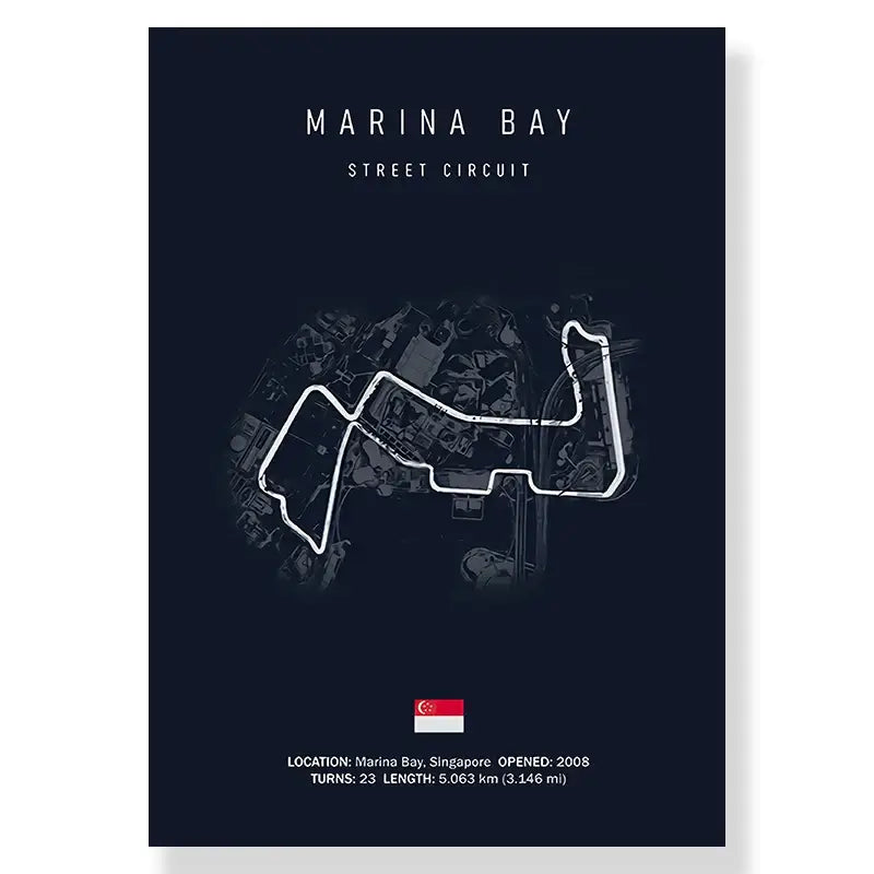 Decorbites™ f1 track circuit canvas painting featuring a dark navy marina bay street circuit line drawing with singapore flag