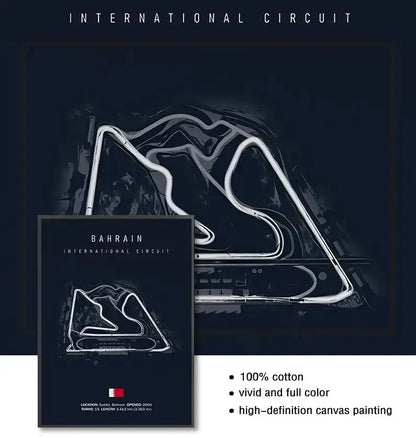 Black canvas painting featuring a white line drawing of the Bahrain international circuit track for living room decor