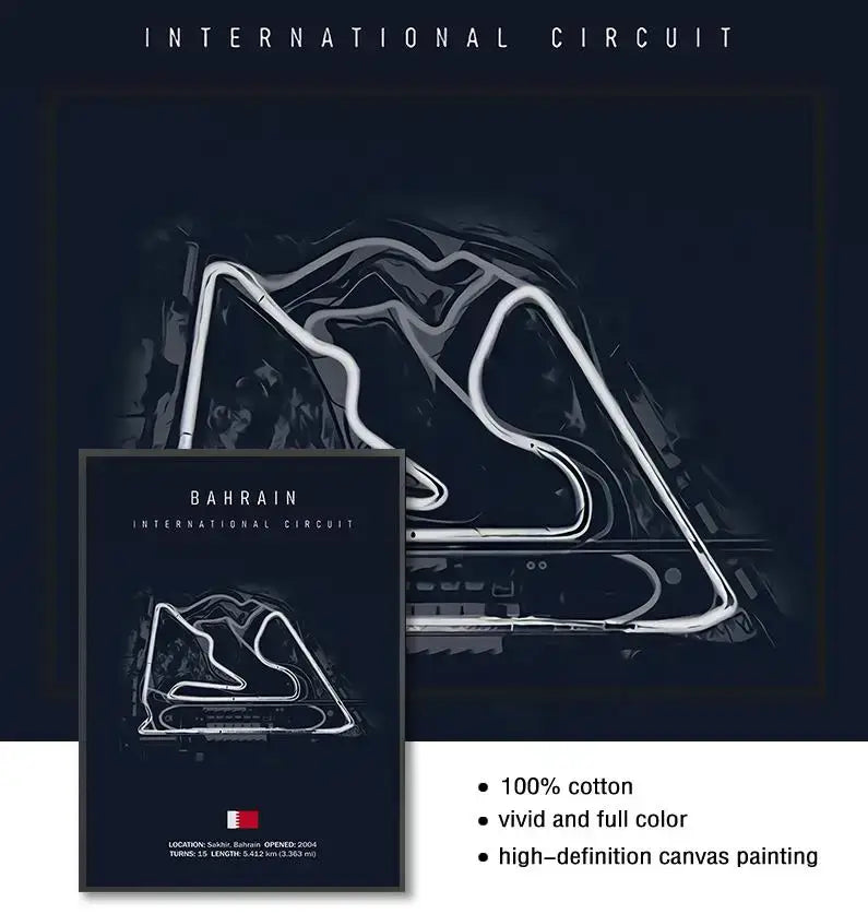 Black canvas track circuit canvas painting featuring white line drawing of the bahrain international circuit layout
