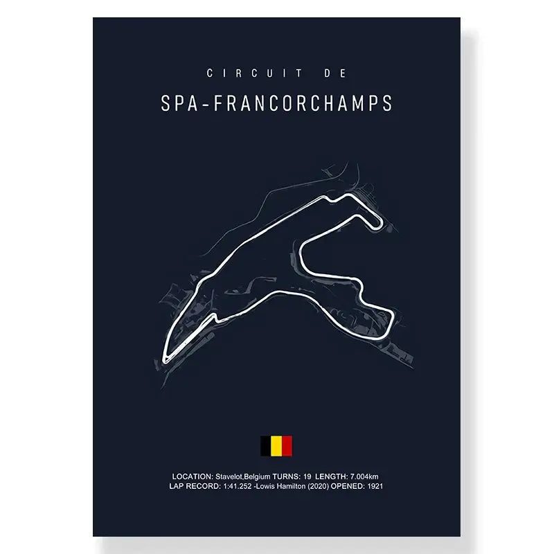 Dark blue decorbites™ f1 track circuit canvas painting featuring white spa-francorchamps line drawing for living room