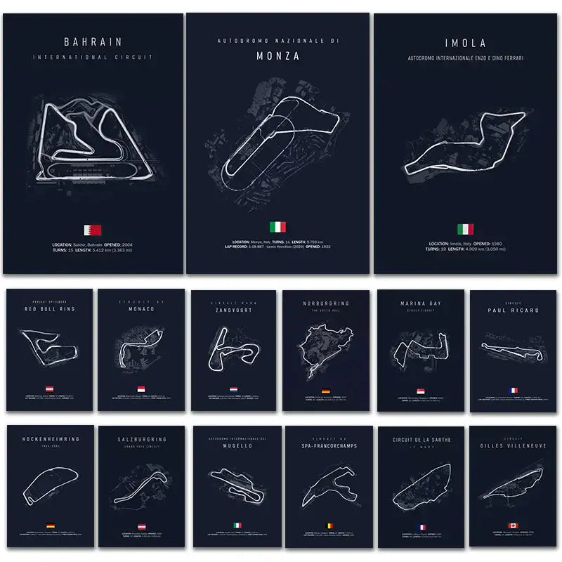 Set of twelve dark navy f1 track circuit canvas paintings with white line art and country flags for living room decor