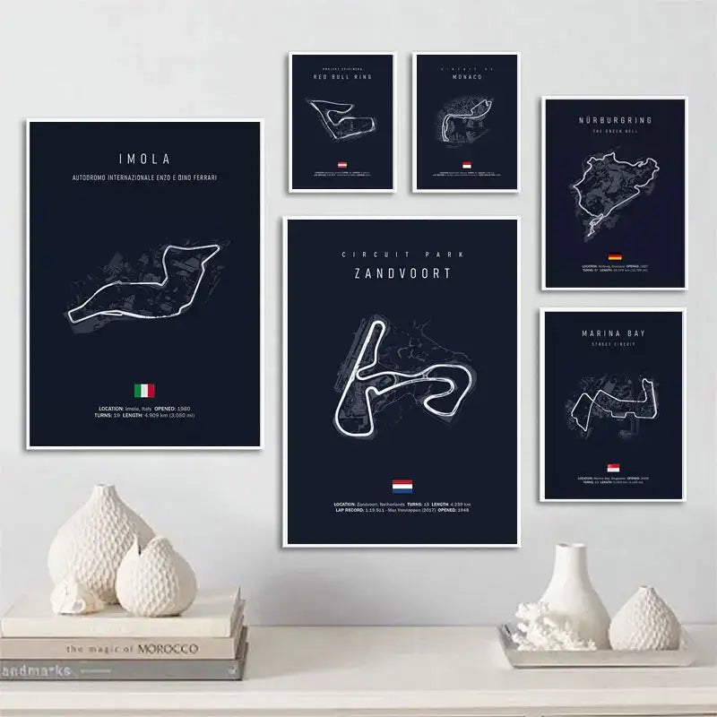 Set of six framed DecorBites™ F1 track circuit canvas paintings in white line art on dark navy backgrounds