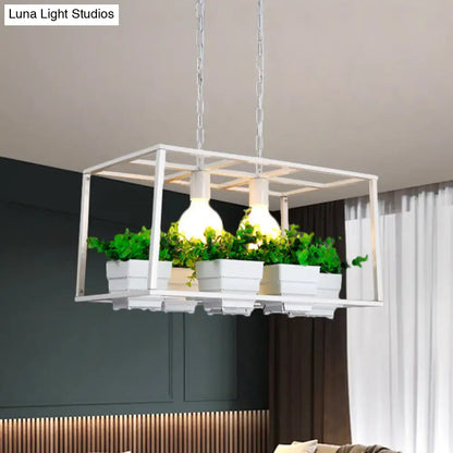 White metal-framed hanging planter with integrated e26 e27 led incandescent fluorescent lights and four white rectangle pots
