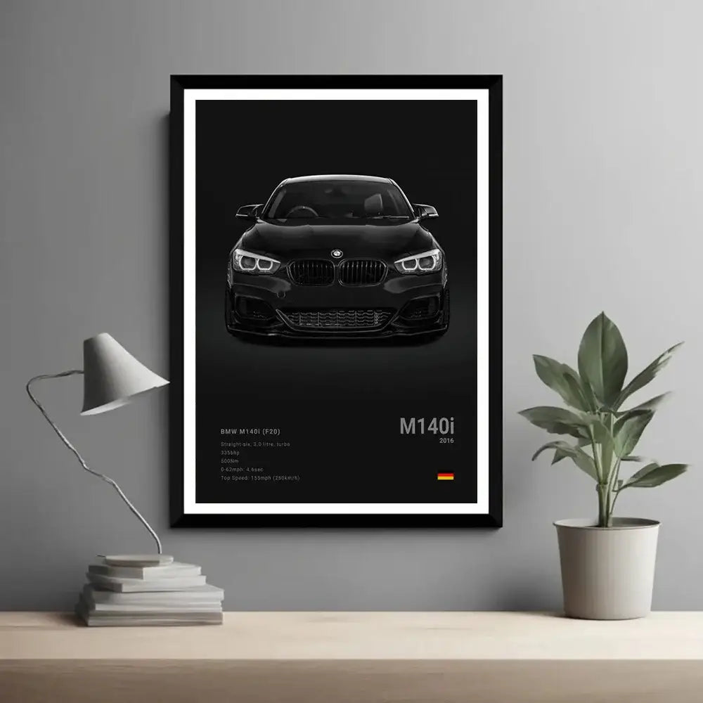 Black framed famous cars canvas featuring a sleek glossy black bmw m140i with german flag for modern home decor