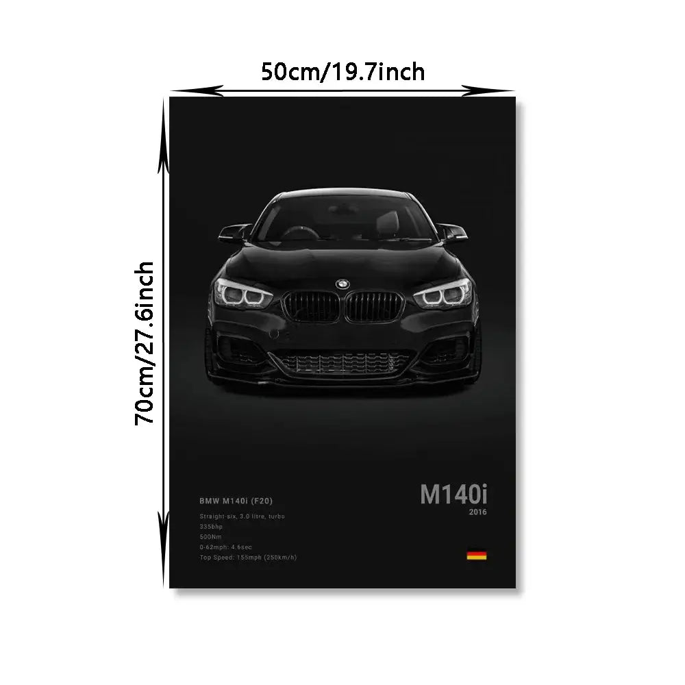 Black bmw m140i 2016 famous cars canvas wall art print with sleek glossy finish and bold front grille design