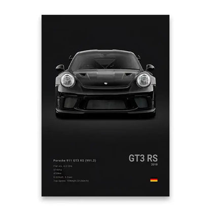 DecorBites™ famous cars canvas wall art featuring a black Porsche 911 GT3 RS with sleek design for modern home décor