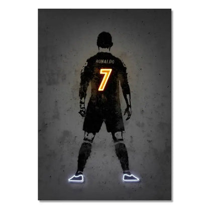 Stylized neon-lit wall art print of soccer player ronaldo in black with glowing orange number 7 for modern home decor