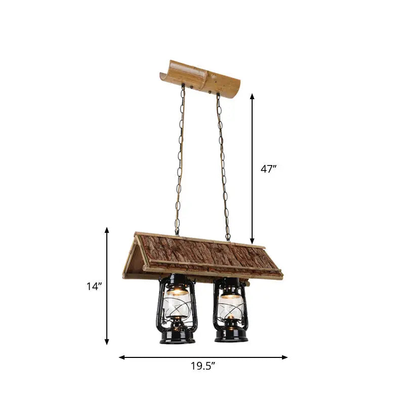 Rustic wooden lantern pendant light with two black metal oil lamps and natural wood canopy for wood roof deco ceiling light