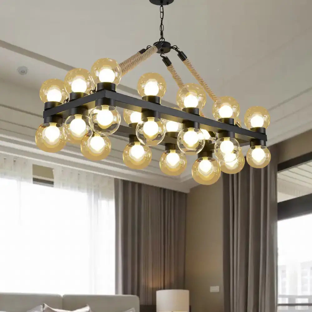 DecorBites™ farmhouse black pendant light with black metal frame, braided rope, and 24 cognac glass bulbs for dining room