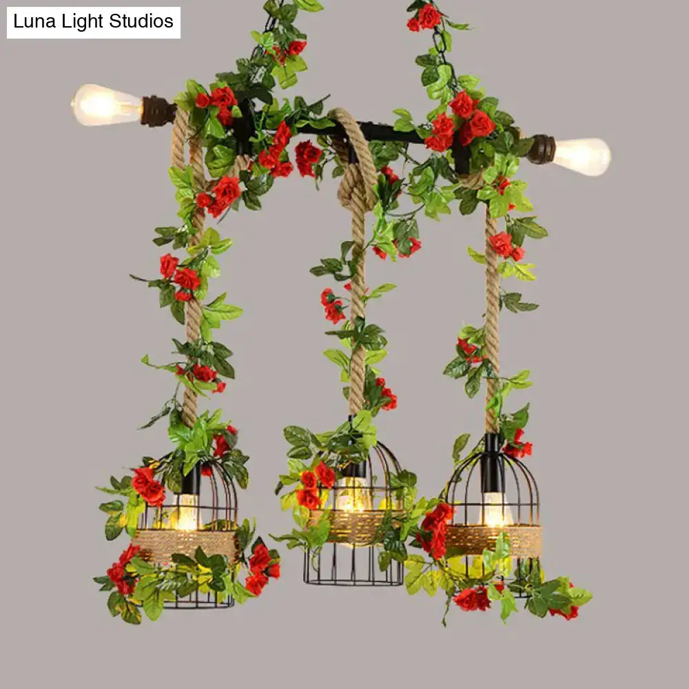DecorBites farmhouse metal island light pendant with five black metal heads, burlap liners, rope detail, and fake flowers