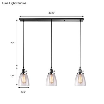DecorBites™ farmhouse black metal pendant light with linear canopy and three clear glass ribbed shades for dining room
