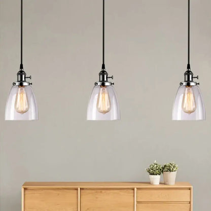 DecorBites farmhouse pendant light with three clear glass shades and linear canopy for dining room lighting