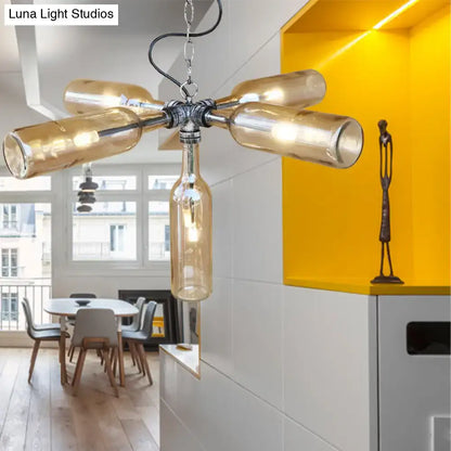 A farmhouse style ceiling lighting with recycled amber glass bottles in smoke gray blue and aged silver black finish