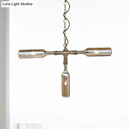 Rustic industrial pendant light with three clear glass wine bottles in aged silver black farmhouse style smoke gray blue