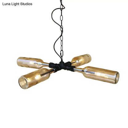 Decorbites farmhouse style chandelier with four amber glass bottles on aged silver black metal frame and ornate chain suspension