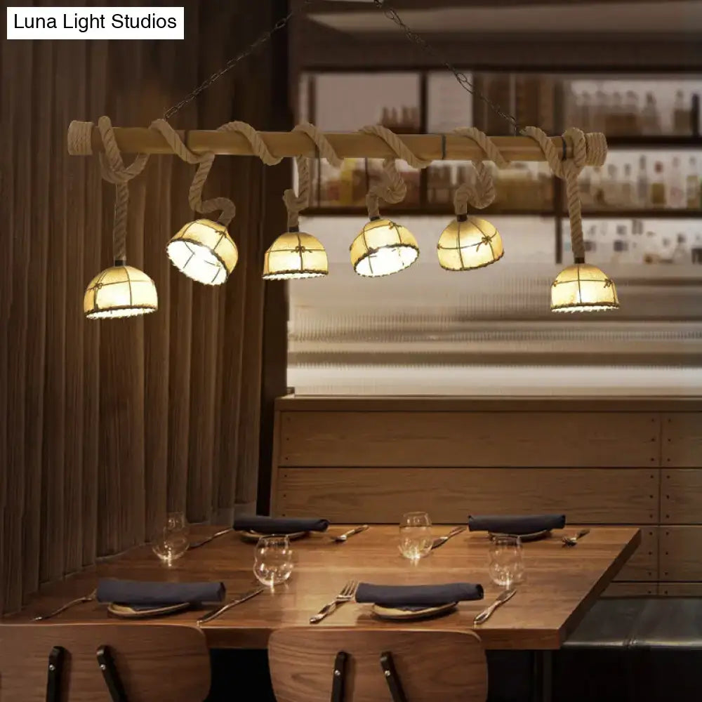 Rustic farmhouse wood bowl pendant lighting with five warm-toned glass shades and thick rope for 220v-240v use
