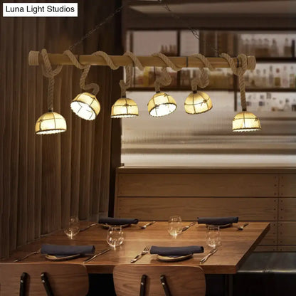 Rustic farmhouse wood bowl pendant lighting with five warm-toned glass shades and thick rope for 220v-240v use