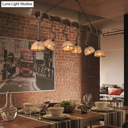 Rustic farmhouse wood bowl shade pendant lighting with thick gray rope suspension and warm glass shades suitable for 220v-240v and 110v-120v use